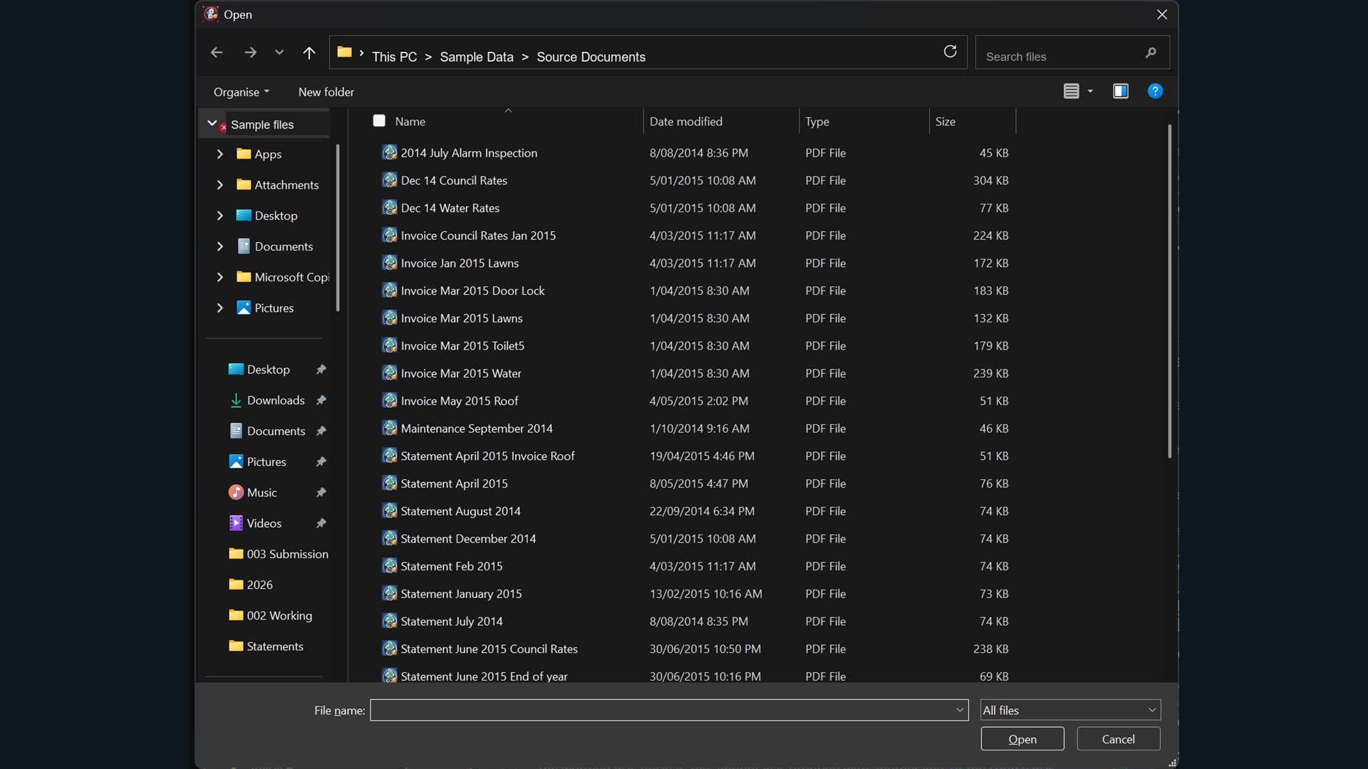 Property Ledger file import dialog showing selected rental source documents