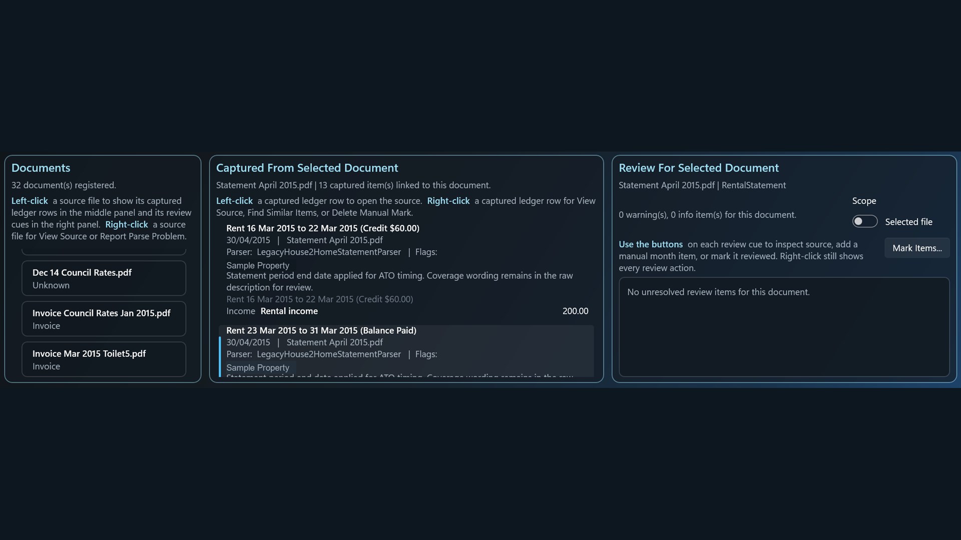 Property Ledger review panels showing captured items and review cues for a selected source document