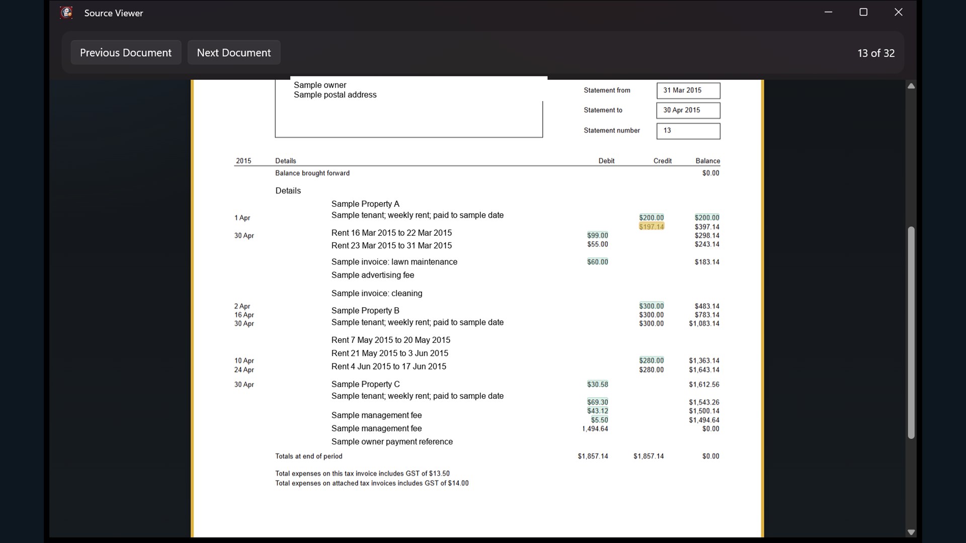 Property Ledger source viewer showing highlighted amounts on a rental statement