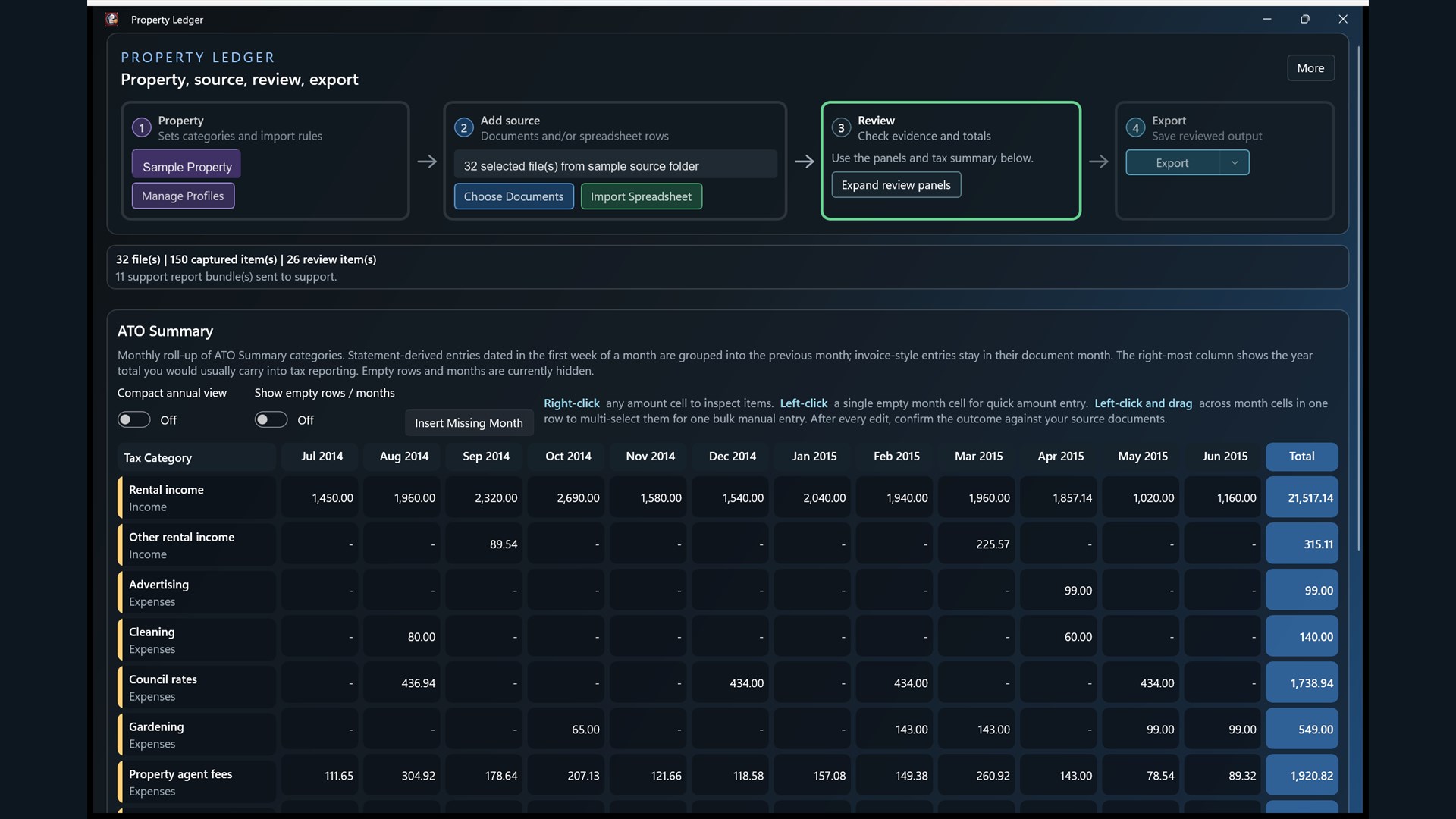 Property Ledger desktop app showing the property, source, review and export workflow with monthly summary totals