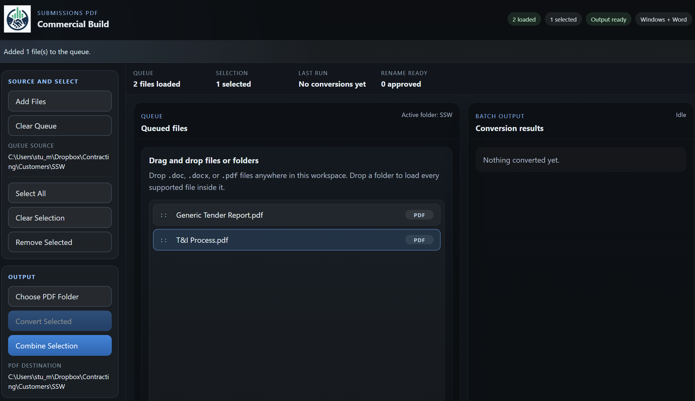 Submissions PDF desktop app showing the submission file workflow and register-based preparation tools